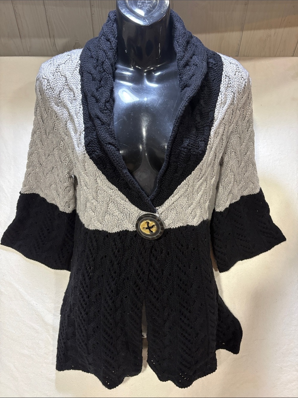 One Girl Who Serenity Colorblock Cable Knit Shawl Collar Button Sweater Size M